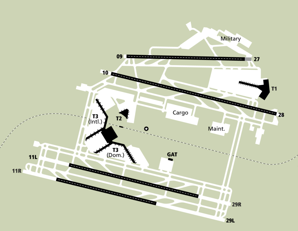 The image is a map of an airport layout. It shows multiple runways labeled with numbers such as 09, 27, 10, 28, 11L, 11R, 29R, and 29L. There are terminals marked as T1, T2, and T3, with T3 further divided into international (Int.) and domestic (Dom.) sections. Areas for cargo, maintenance (Maint.), and military are also indicated. A section labeled GAT is present, and various taxiways and airport infrastructure are depicted. The background is a light green color.